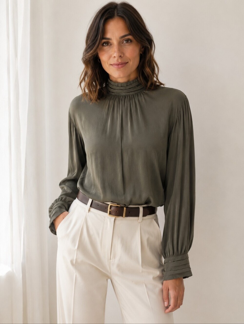 THE Korner Olive High Neck Blouse Size Small | Long Sleeve Mock Neck Top Parisia